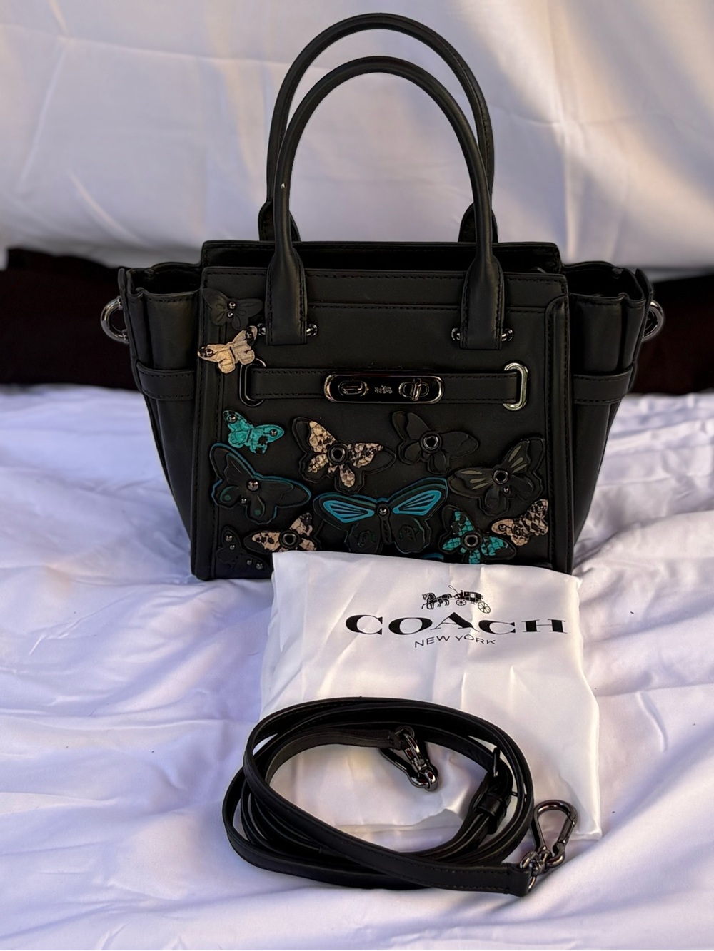 Coach Black Leather Satchel with Teal & Beige Butterfly Appliqués